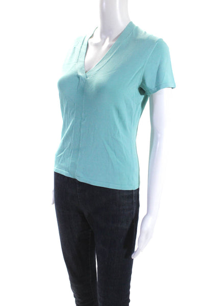 Lafayette 148 New York Womens Knit Short Sleeve V Neck Top Blouse Blue Medium