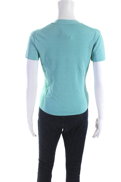 Lafayette 148 New York Womens Knit Short Sleeve V Neck Top Blouse Blue Medium