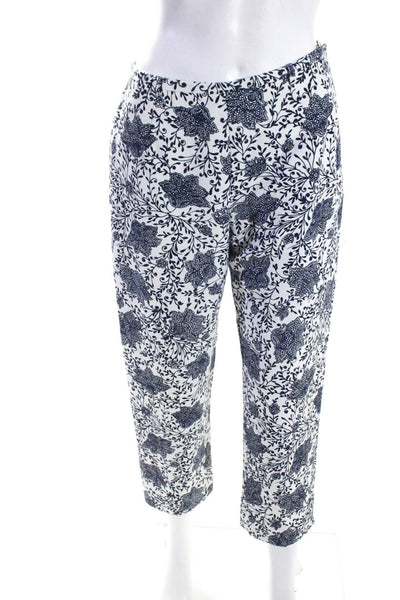 Oscar de la Renta Womens High Rise Floral Straight Crop Pants White Navy Size 8P