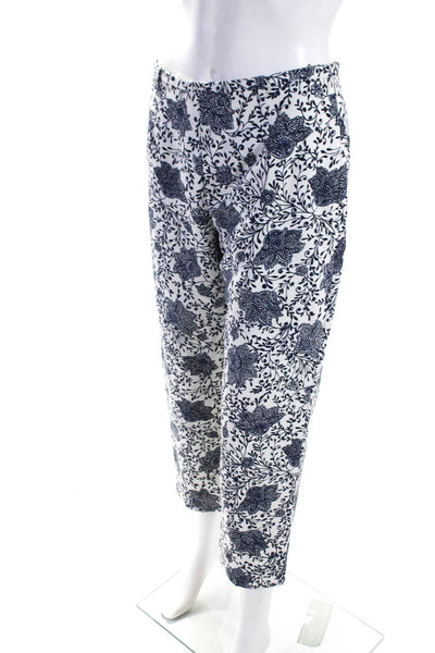 Oscar de la Renta Womens High Rise Floral Straight Crop Pants White Navy Size 8P