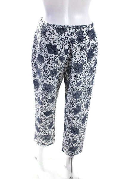 Oscar de la Renta Womens High Rise Floral Straight Crop Pants White Navy Size 8P