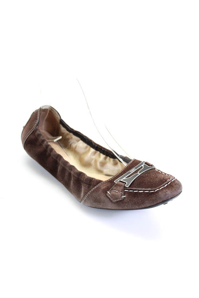 Tods Womens Suede Apron Toe Metal Accent Driver Flats Moccasins Brown Size 8.5US