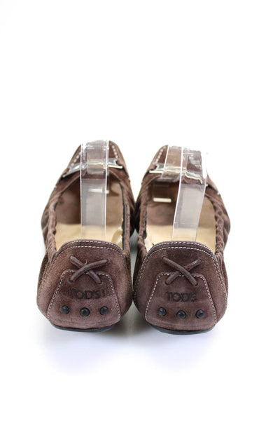 Tods Womens Suede Apron Toe Metal Accent Driver Flats Moccasins Brown Size 8.5US