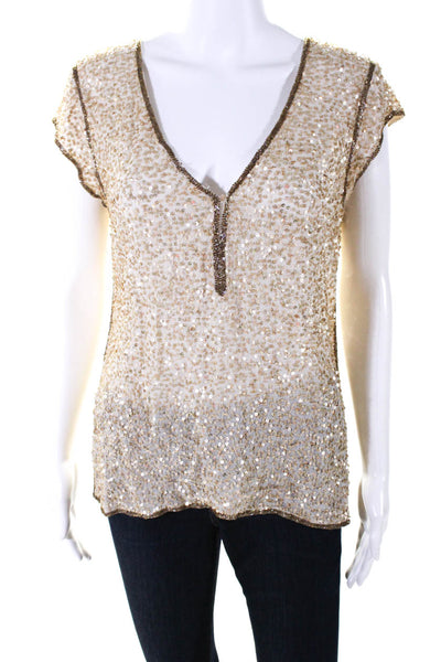 Calypso Saint Barth Womens Sequined Short Sleeves Blouse Beige Size Medium