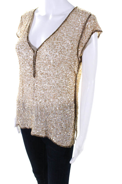 Calypso Saint Barth Womens Sequined Short Sleeves Blouse Beige Size Medium