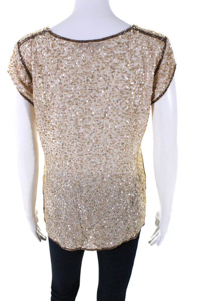 Calypso Saint Barth Womens Sequined Short Sleeves Blouse Beige Size Medium