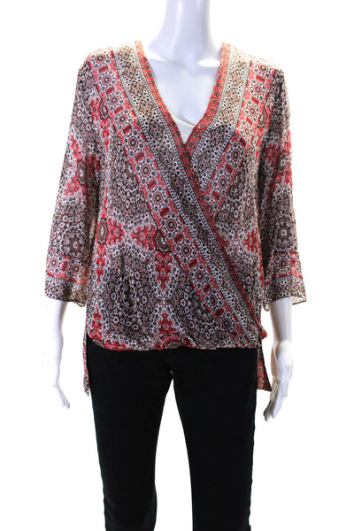 Bailey 44 Womens Abstract Print Bubble Hem Long Sleeve V-Neck Blouse Red Size S