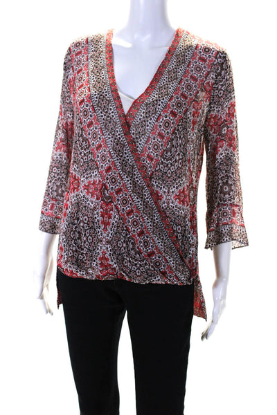 Bailey 44 Womens Abstract Print Bubble Hem Long Sleeve V-Neck Blouse Red Size S