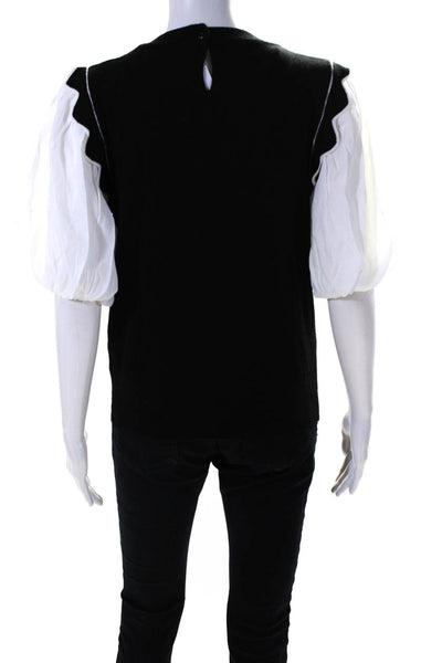 Decker Womens Puff Sleeve Scallop Trim Knit Blouse Black Size M