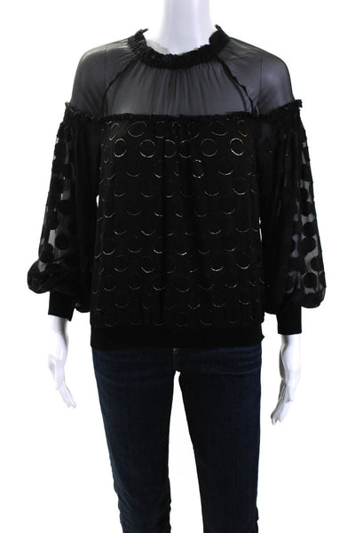 Ramy Brook Womens Geometric Print Textured Long Sleeve Blouse Black Size XS