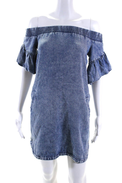 Allsaints Womens Ruched Off-the-Shoulder Pullover A-Line Midi Dress Blue Size S