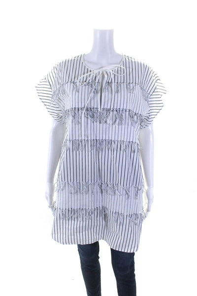 Cedric Charlier Women's Round Neck Fringe Tunic Blouse Blue Stripe Size 14