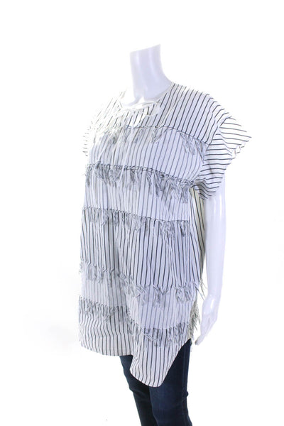 Cedric Charlier Women's Round Neck Fringe Tunic Blouse Blue Stripe Size 14