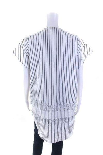 Cedric Charlier Women's Round Neck Fringe Tunic Blouse Blue Stripe Size 14