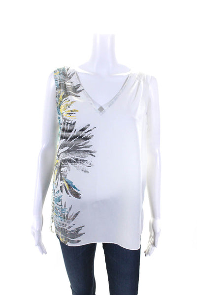 Halston Womens Chiffon Floral Print Split Hem V-Neck Tank Blouse White Size M