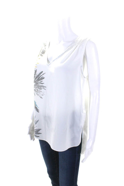 Halston Womens Chiffon Floral Print Split Hem V-Neck Tank Blouse White Size M