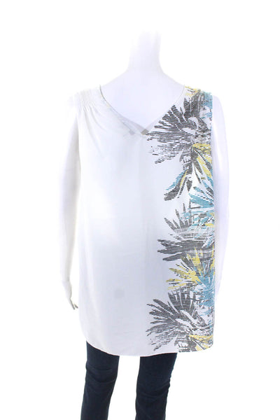 Halston Womens Chiffon Floral Print Split Hem V-Neck Tank Blouse White Size M