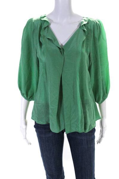 Aryn K Womens Silk Long Sleeves Ruffled Neck Blouse Green Size Small