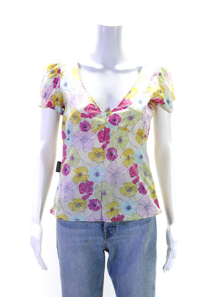 Moschino Jeans Womens Cotton Floral V-Neck Short Sleeve T-Shirt Top Pink Size 10