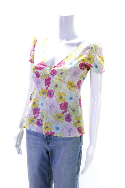 Moschino Jeans Womens Cotton Floral V-Neck Short Sleeve T-Shirt Top Pink Size 10