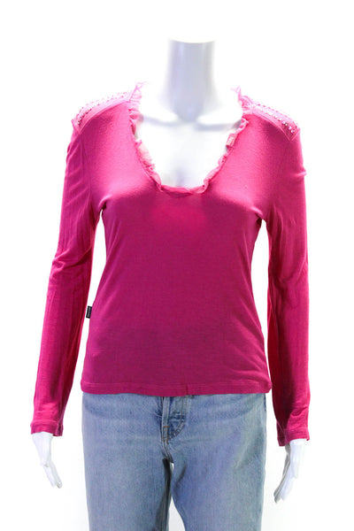 Moschino Jeans Womens Sequin Ruffle Trim V-Neck Long Sleeve Top Pink Size 8