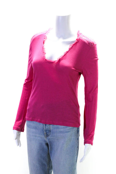 Moschino Jeans Womens Sequin Ruffle Trim V-Neck Long Sleeve Top Pink Size 8