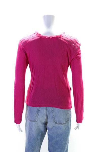 Moschino Jeans Womens Sequin Ruffle Trim V-Neck Long Sleeve Top Pink Size 8