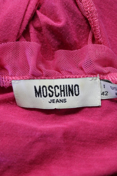 Moschino Jeans Womens Sequin Ruffle Trim V-Neck Long Sleeve Top Pink Size 8