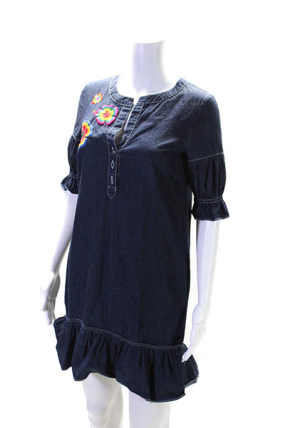 Love Moschino Womens Cotton Embroidered Floral Short Sleeve Dress Blue Size 4