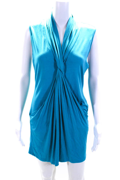 Trina Turk Womens Teal Cowl V-Neck Drape Sleeveless Mini Dress Size 8