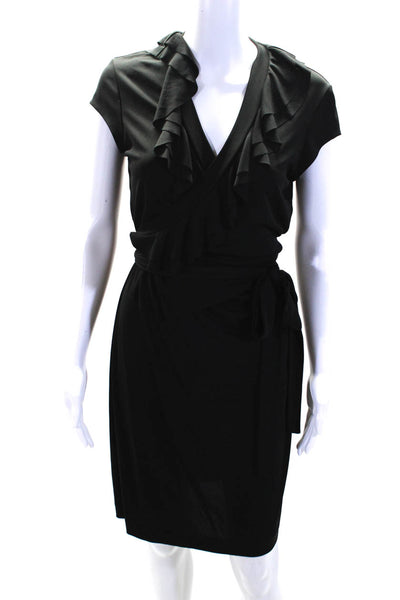 Nicole Miller Womens Black Ruffle V-Neck Cap Sleeve Wrap Dress Size S