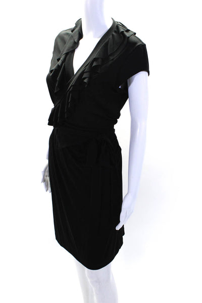 Nicole Miller Womens Black Ruffle V-Neck Cap Sleeve Wrap Dress Size S