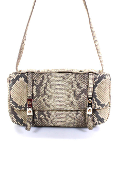 Henri Bendel Womens Leather Snakeskin Print Flap Shoulder Handbag Beige