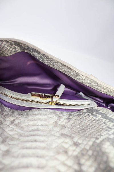 Henri Bendel Womens Leather Snakeskin Print Flap Shoulder Handbag Beige