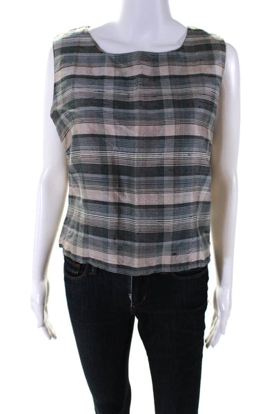 French Connection Womens Blue Silk Plaid Crew Neck Sleeveless Blouse Top Size 12