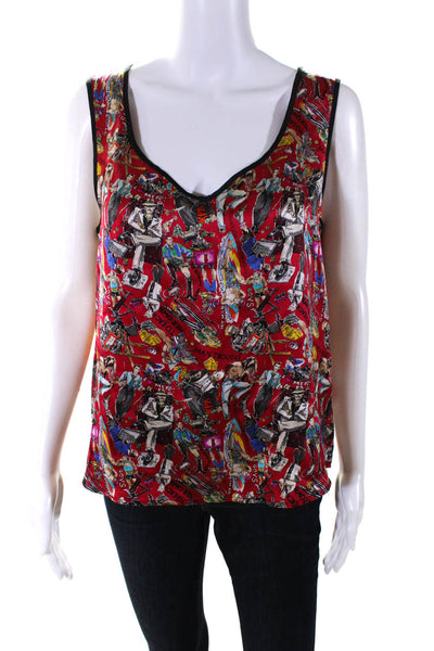 Nicole Miller Womens Red Silk Graphic Print V-Neck Sleeveless Sleep Shirt Size L