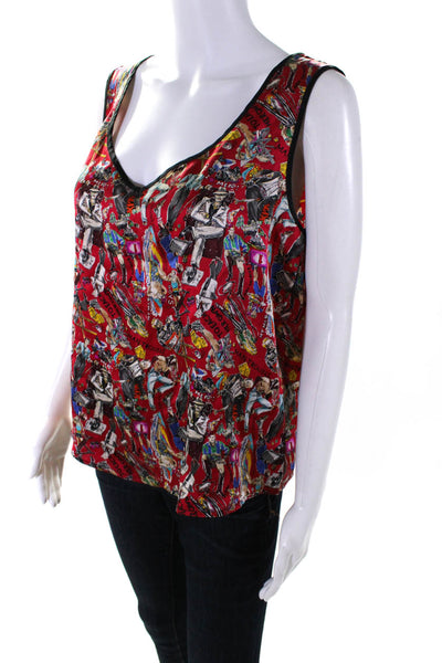 Nicole Miller Womens Red Silk Graphic Print V-Neck Sleeveless Sleep Shirt Size L