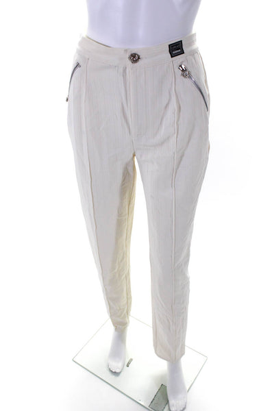 Versace Womens High Waist Pleated Zipper Trim Ribbed Slim Fit Pants White Size 2