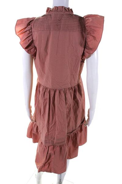 Sea Women's Round Neck Ruffle Sleeves Half Button Tiered Mini Dress Tan Size S