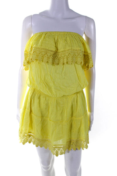 Melissa Odabash Women's Square Neck Crochet Drop Waist Mini Dress Yellow Size M