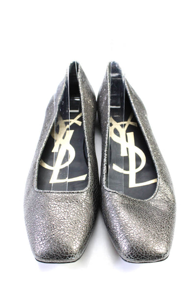 Yves Saint Laurent Women's Square Toe Leather Ballet Flat Shoe Gray Size 11.5