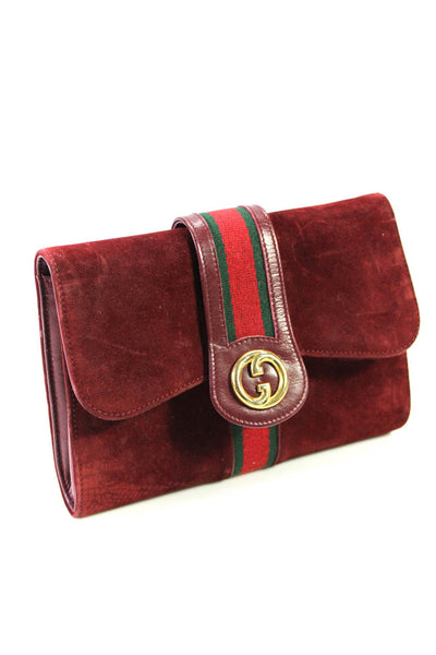 Gucci Vintage Womens Suede Gold Tone Clutch Handbag Garnett Red