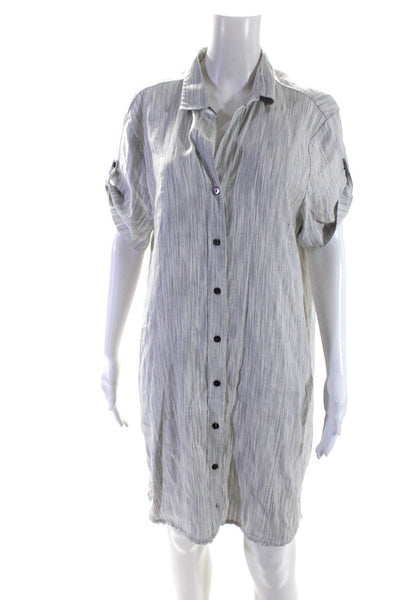 NIC+ZOE Womens White Linen Striped Button Down Short Sleeve Shirt Dress Size L