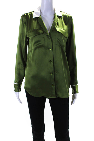 Equipment Femme Womens Silk Long Sleeve Buttoned Blouse Green Size XS