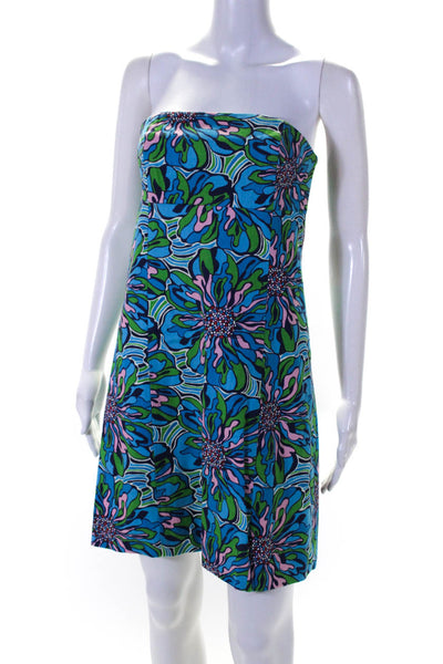 Lilly Pulitzer Womens Back Zip Strapless Floral Woven Dress Blue Multi Size 2