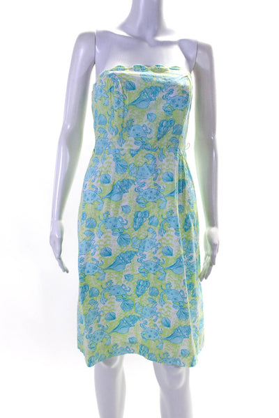 Lilly Pulitzer Womens Back Zip Strapless Seashell Crab Dress Green Blue Size 2