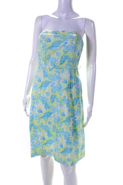 Lilly Pulitzer Womens Back Zip Strapless Seashell Crab Dress Green Blue Size 2