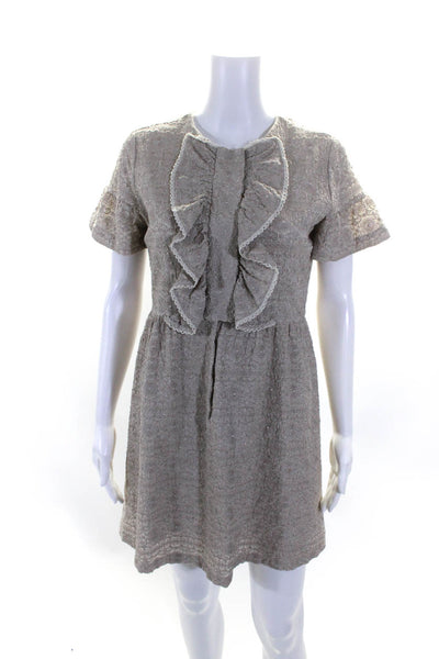 Pete & Greta Womens Silk Buttoned Embroidered Ruffle A Line Dress Gray Size M