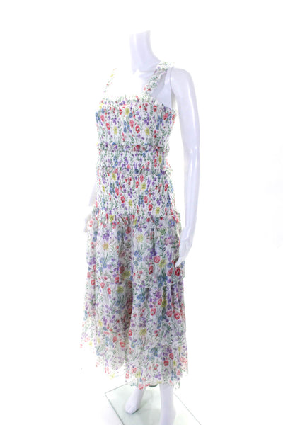 Saylor Womens Sleeveless Smocked Square Neck Floral Tiered Dress White Medium