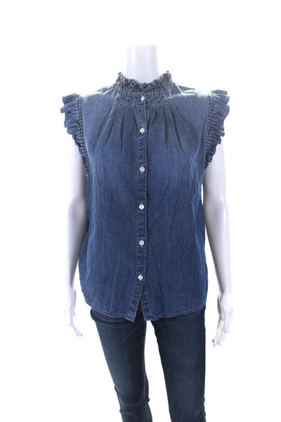 Frame Womens Button Back Ruffled Cap Sleeve Denim Top Blue Cotton Size Medium